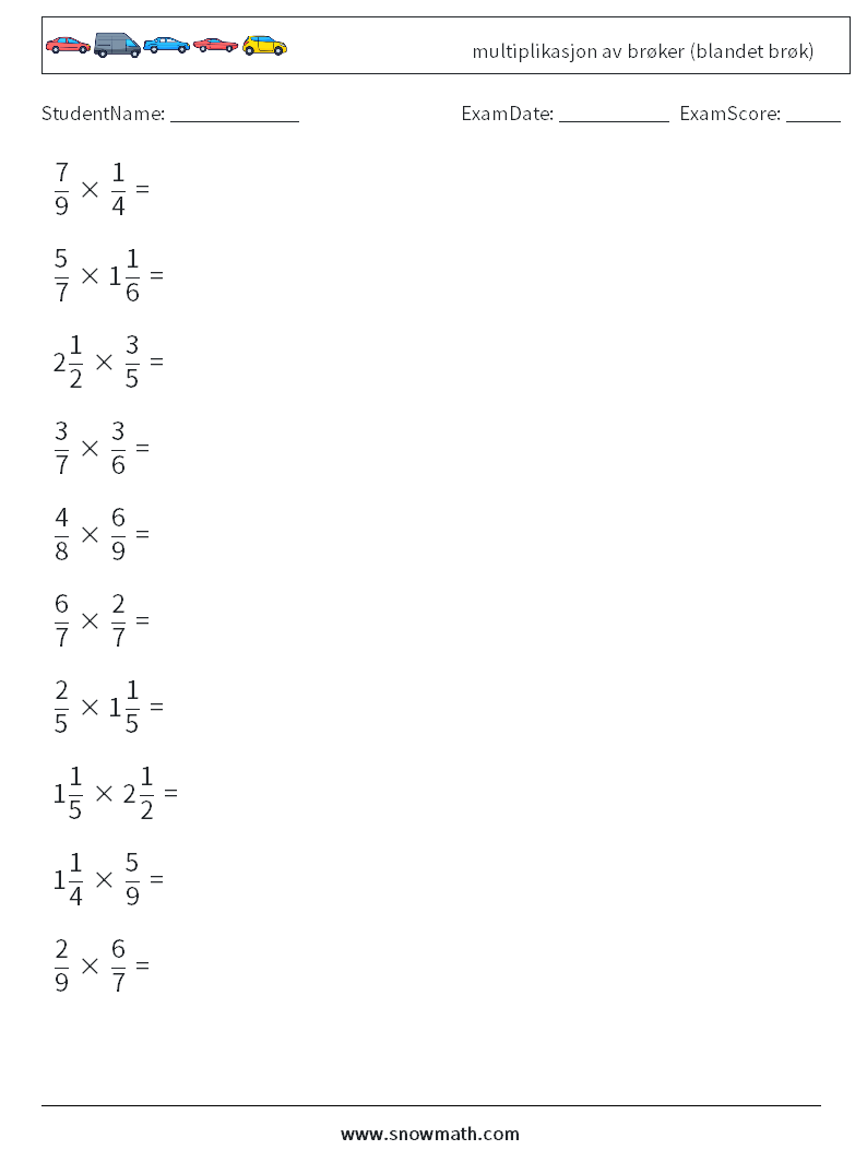 (10) multiplikasjon av brøker (blandet brøk) MathWorksheets 11