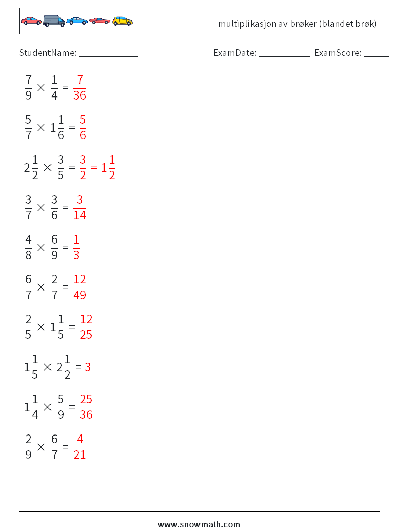 (10) multiplikasjon av brøker (blandet brøk) MathWorksheets 11 QuestionAnswer