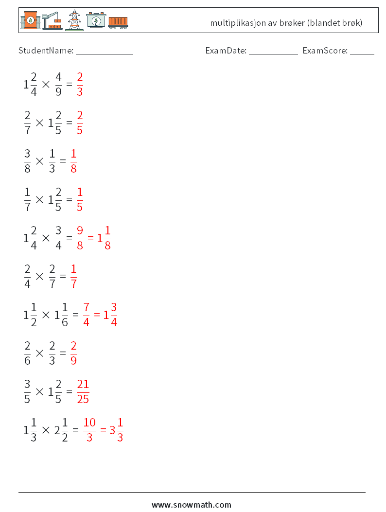(10) multiplikasjon av brøker (blandet brøk) MathWorksheets 12 QuestionAnswer