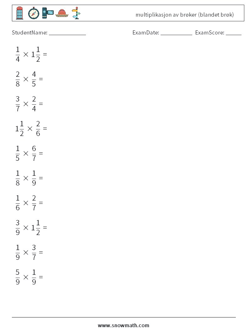 (10) multiplikasjon av brøker (blandet brøk) MathWorksheets 13