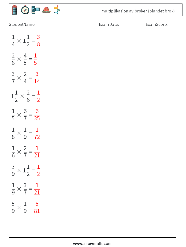 (10) multiplikasjon av brøker (blandet brøk) MathWorksheets 13 QuestionAnswer