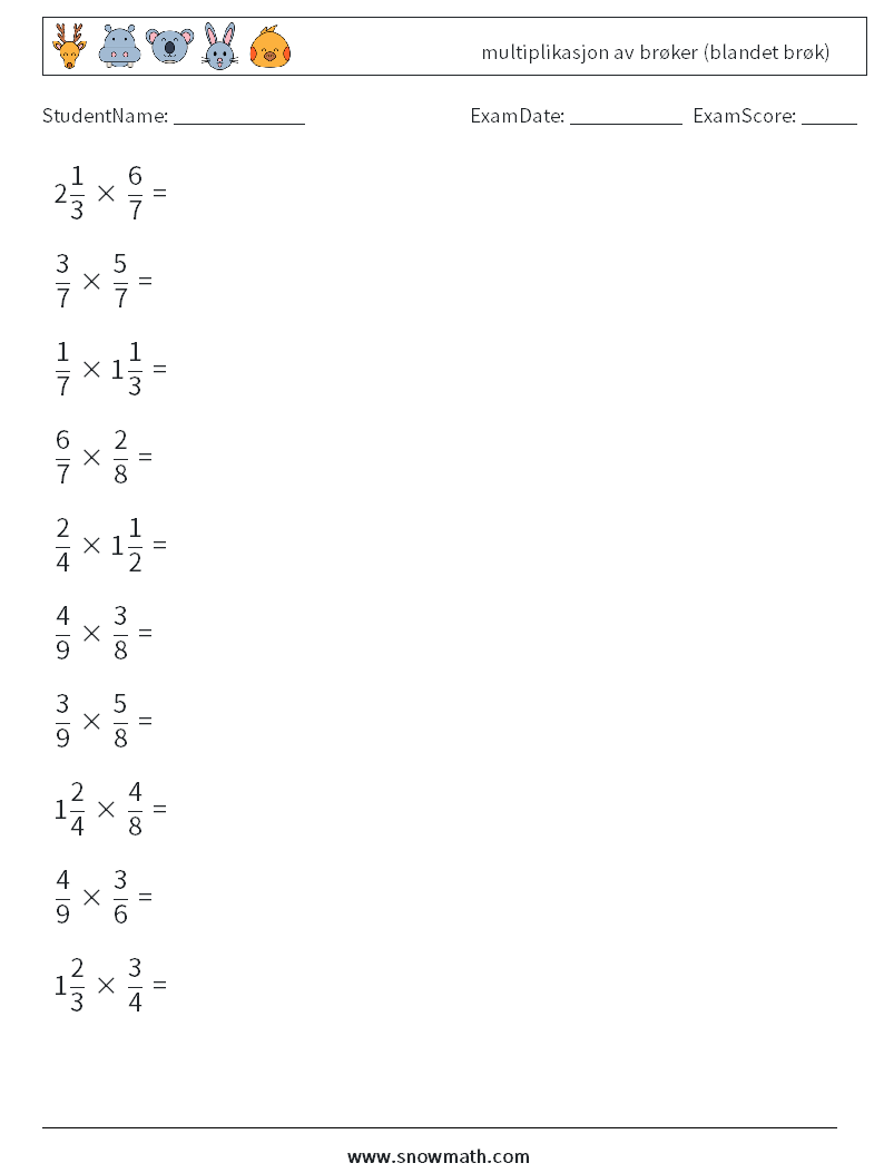 (10) multiplikasjon av brøker (blandet brøk) MathWorksheets 14