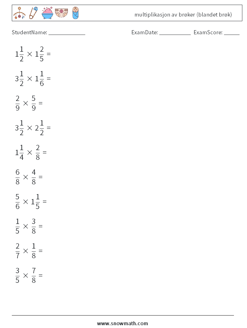 (10) multiplikasjon av brøker (blandet brøk) MathWorksheets 15