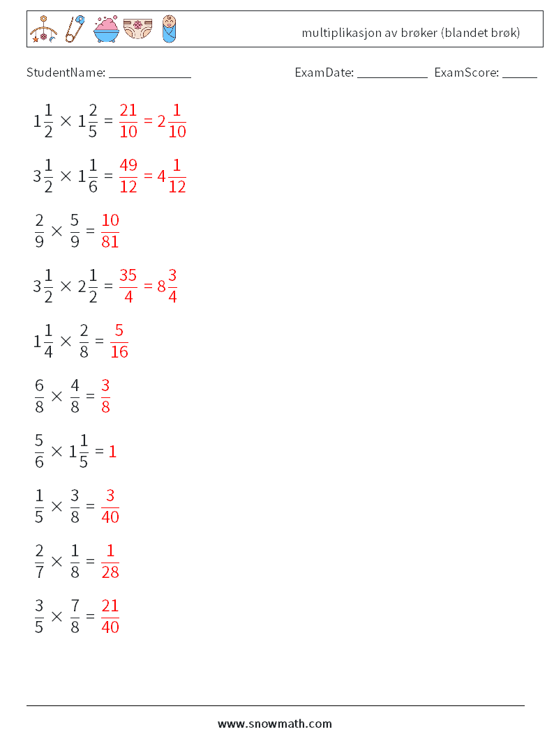 (10) multiplikasjon av brøker (blandet brøk) MathWorksheets 15 QuestionAnswer