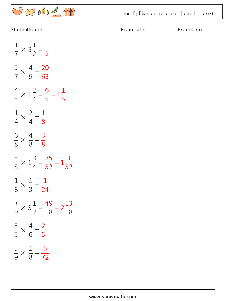 (10) multiplikasjon av brøker (blandet brøk) MathWorksheets 16 QuestionAnswer
