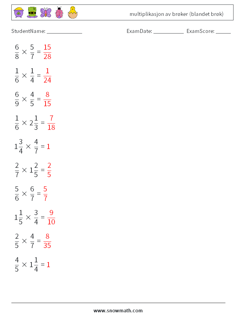 (10) multiplikasjon av brøker (blandet brøk) MathWorksheets 17 QuestionAnswer