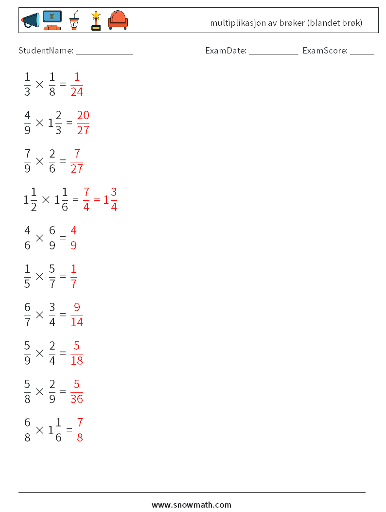 (10) multiplikasjon av brøker (blandet brøk) MathWorksheets 18 QuestionAnswer