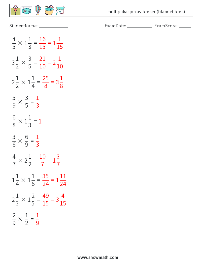 (10) multiplikasjon av brøker (blandet brøk) MathWorksheets 1 QuestionAnswer