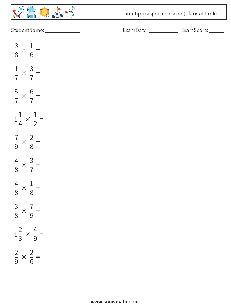 (10) multiplikasjon av brøker (blandet brøk) MathWorksheets 2