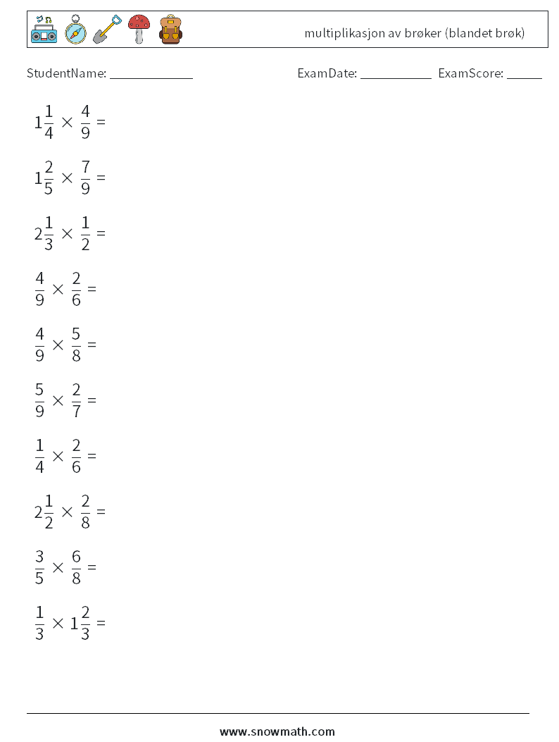 (10) multiplikasjon av brøker (blandet brøk) MathWorksheets 3
