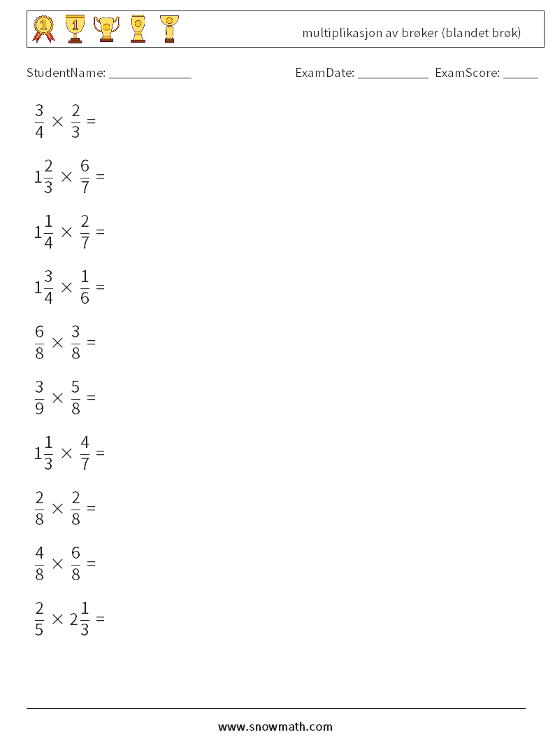 (10) multiplikasjon av brøker (blandet brøk) MathWorksheets 4
