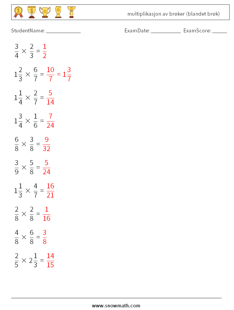 (10) multiplikasjon av brøker (blandet brøk) MathWorksheets 4 QuestionAnswer