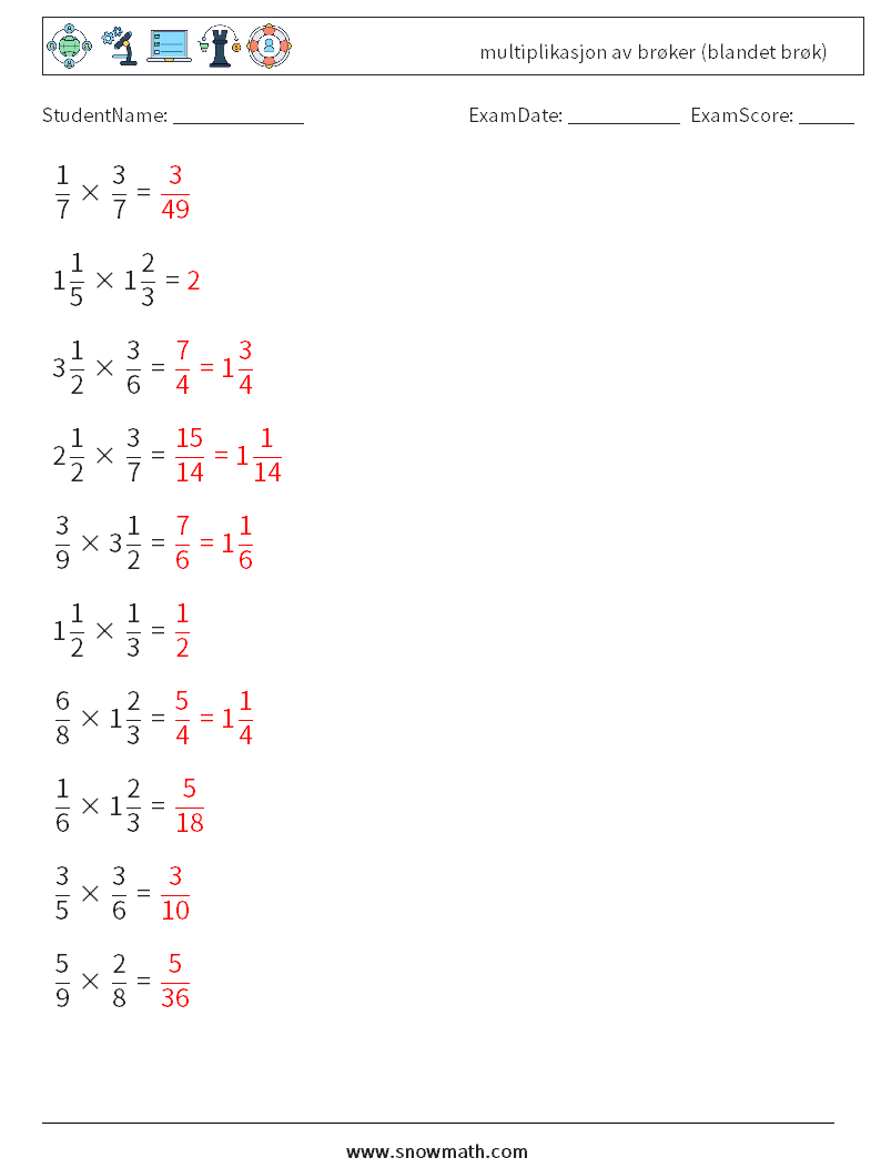 (10) multiplikasjon av brøker (blandet brøk) MathWorksheets 6 QuestionAnswer