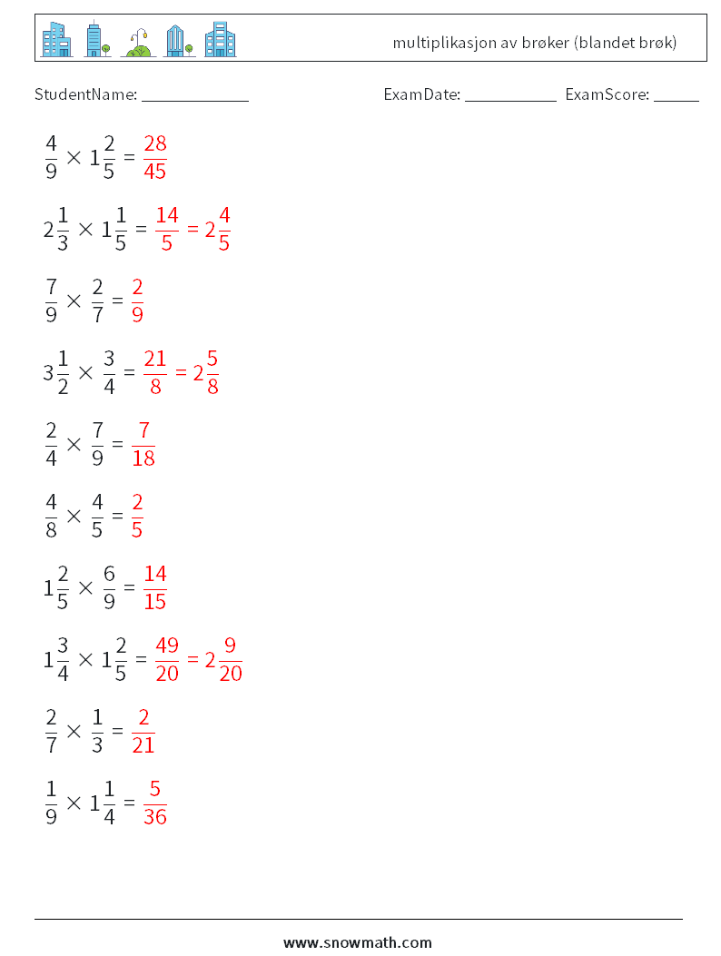 (10) multiplikasjon av brøker (blandet brøk) MathWorksheets 7 QuestionAnswer