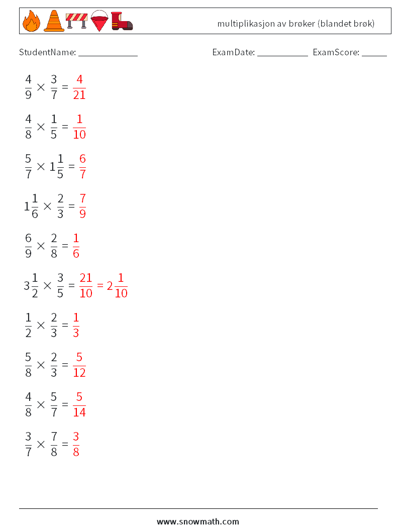 (10) multiplikasjon av brøker (blandet brøk) MathWorksheets 8 QuestionAnswer