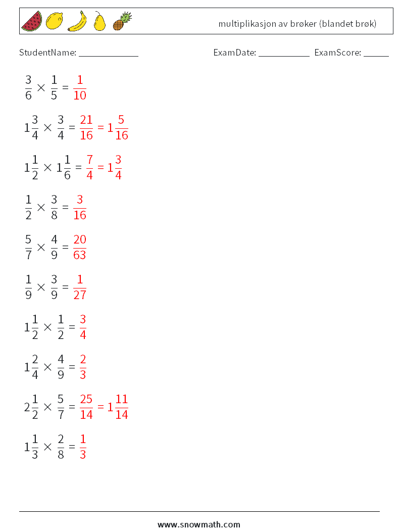 (10) multiplikasjon av brøker (blandet brøk) MathWorksheets 9 QuestionAnswer