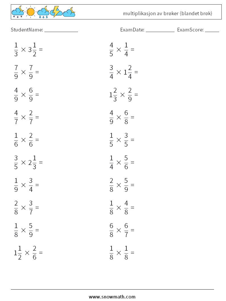 (20) multiplikasjon av brøker (blandet brøk) MathWorksheets 10