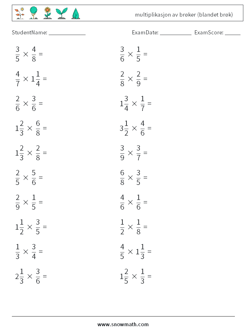 (20) multiplikasjon av brøker (blandet brøk) MathWorksheets 11