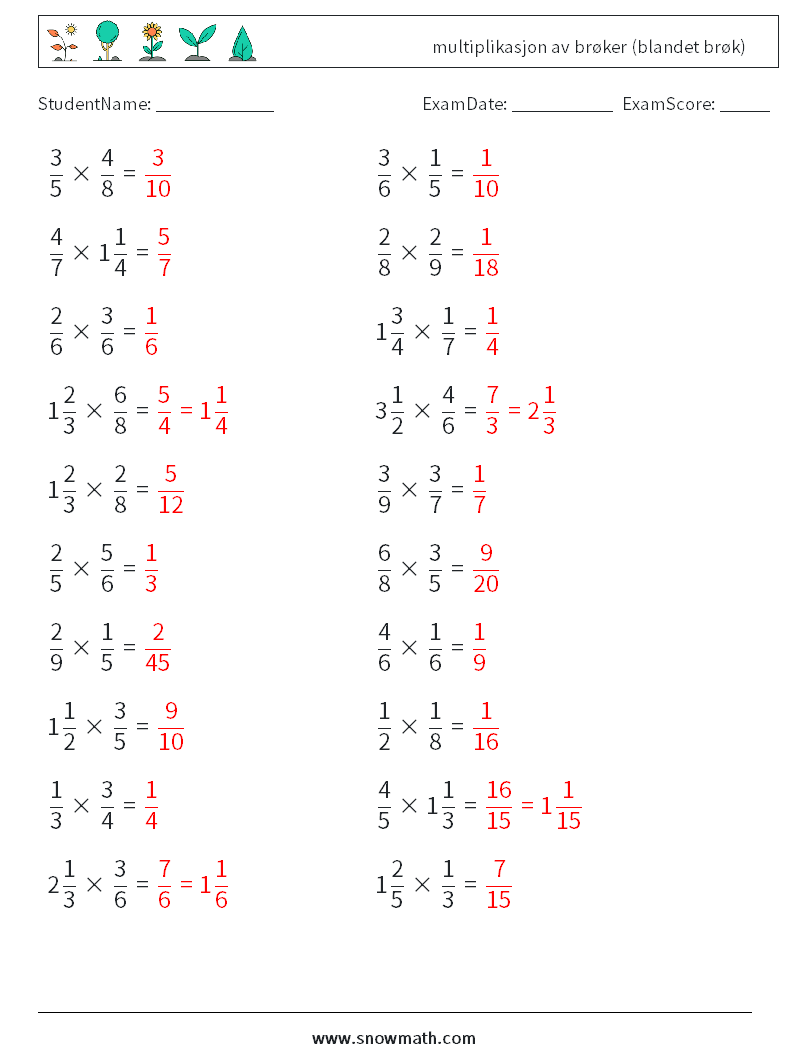 (20) multiplikasjon av brøker (blandet brøk) MathWorksheets 11 QuestionAnswer