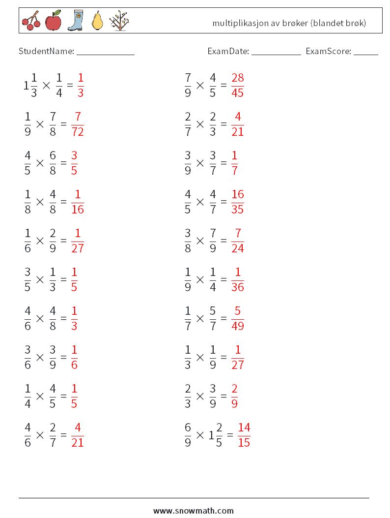 (20) multiplikasjon av brøker (blandet brøk) MathWorksheets 12 QuestionAnswer