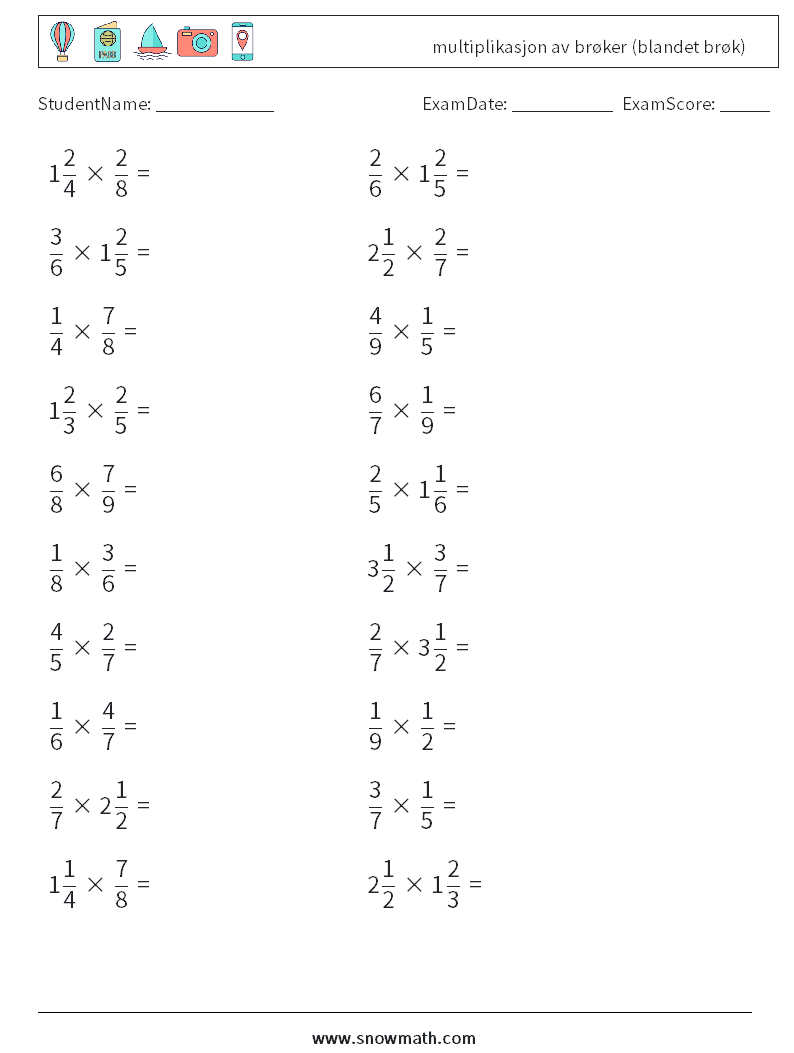 (20) multiplikasjon av brøker (blandet brøk) MathWorksheets 13