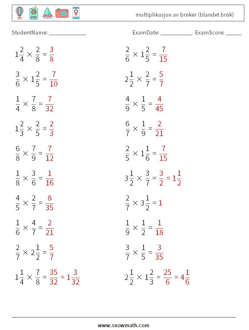 (20) multiplikasjon av brøker (blandet brøk) MathWorksheets 13 QuestionAnswer