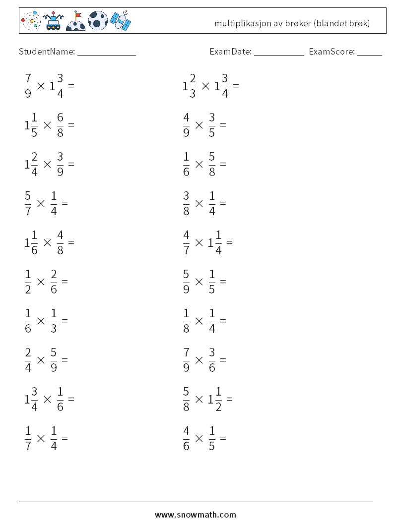 (20) multiplikasjon av brøker (blandet brøk) MathWorksheets 14