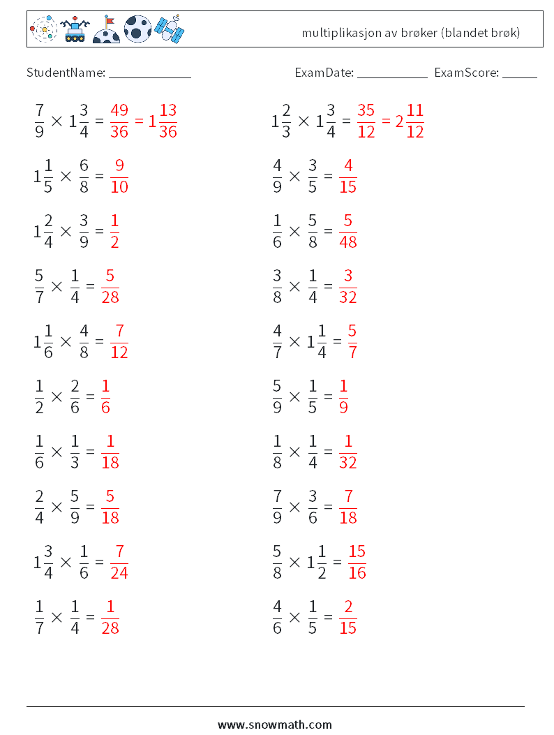(20) multiplikasjon av brøker (blandet brøk) MathWorksheets 14 QuestionAnswer