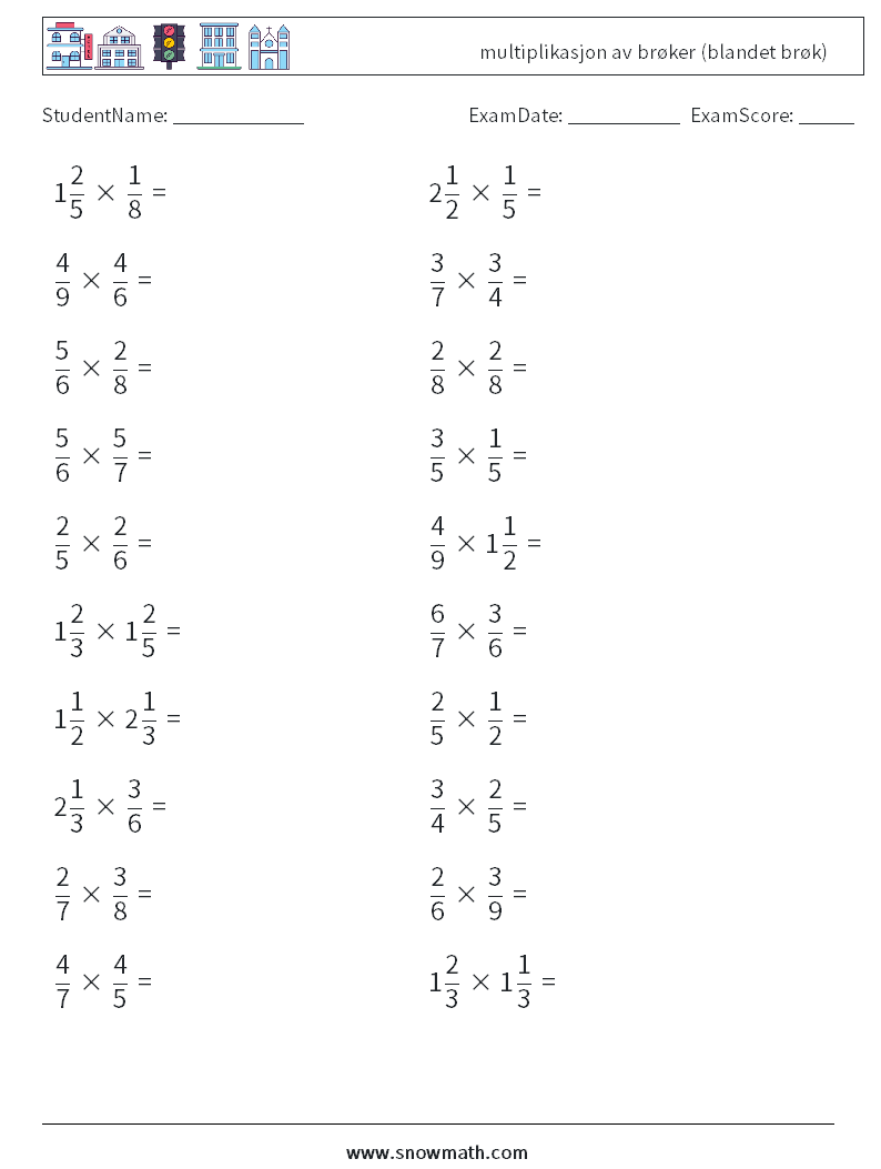 (20) multiplikasjon av brøker (blandet brøk) MathWorksheets 15