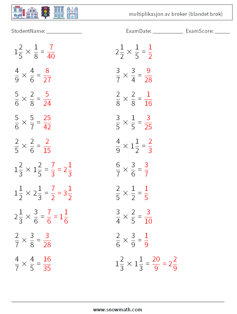 (20) multiplikasjon av brøker (blandet brøk) MathWorksheets 15 QuestionAnswer