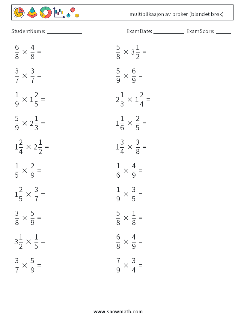 (20) multiplikasjon av brøker (blandet brøk) MathWorksheets 16