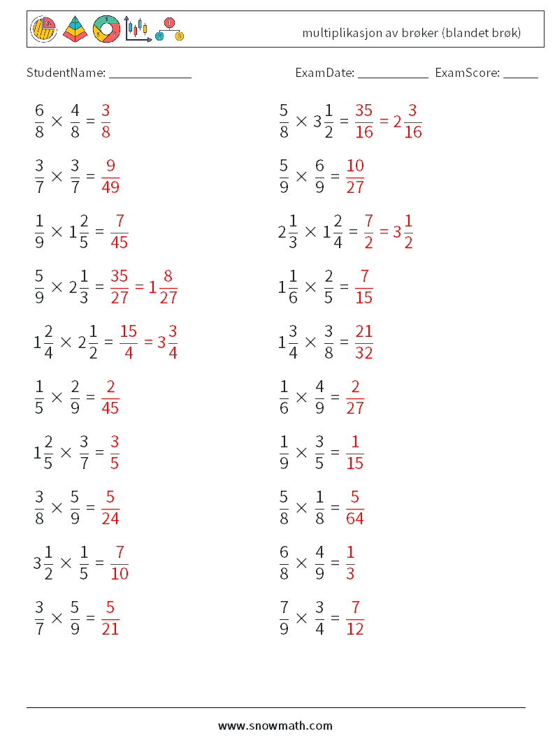(20) multiplikasjon av brøker (blandet brøk) MathWorksheets 16 QuestionAnswer