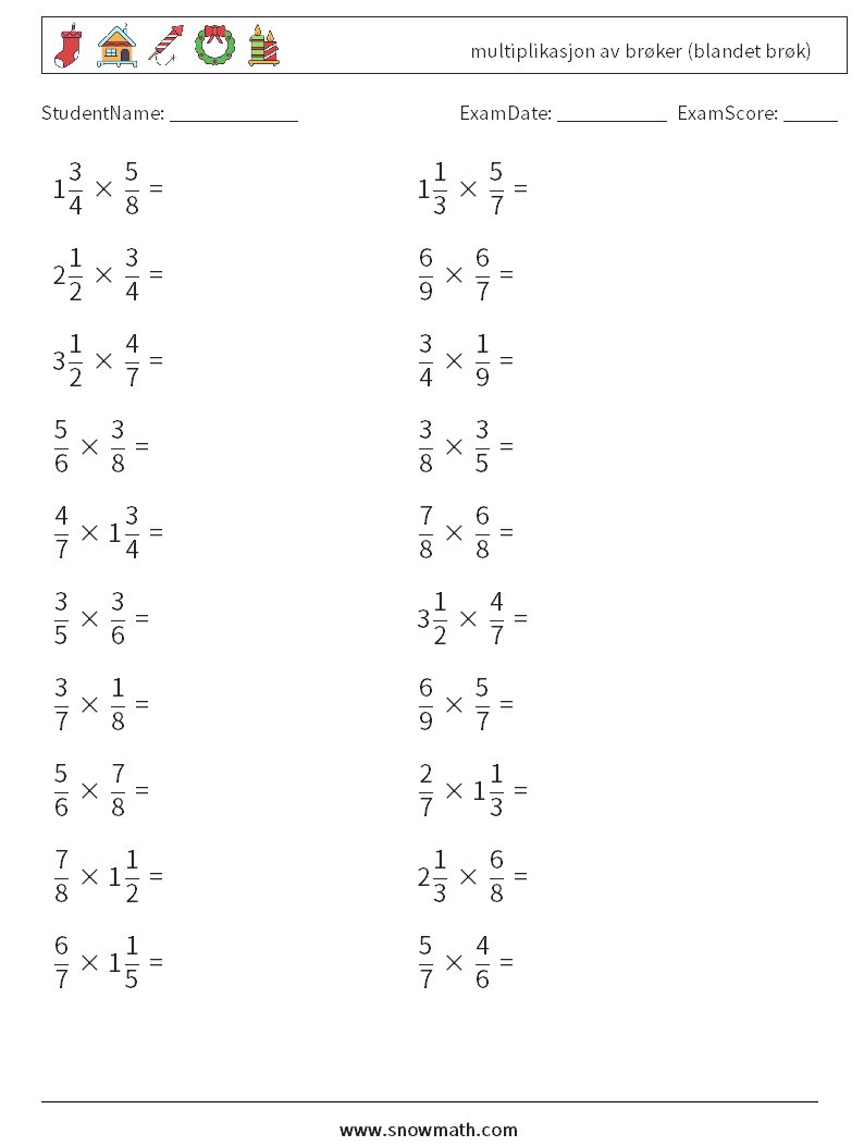 (20) multiplikasjon av brøker (blandet brøk) MathWorksheets 17