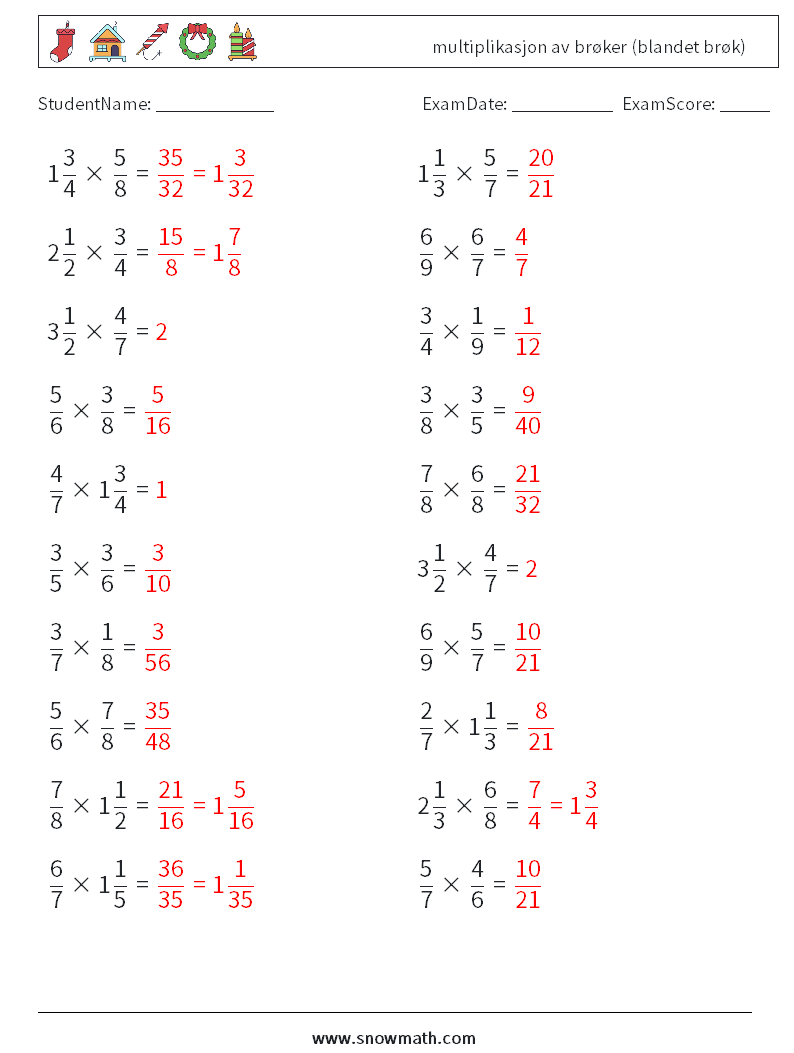 (20) multiplikasjon av brøker (blandet brøk) MathWorksheets 17 QuestionAnswer