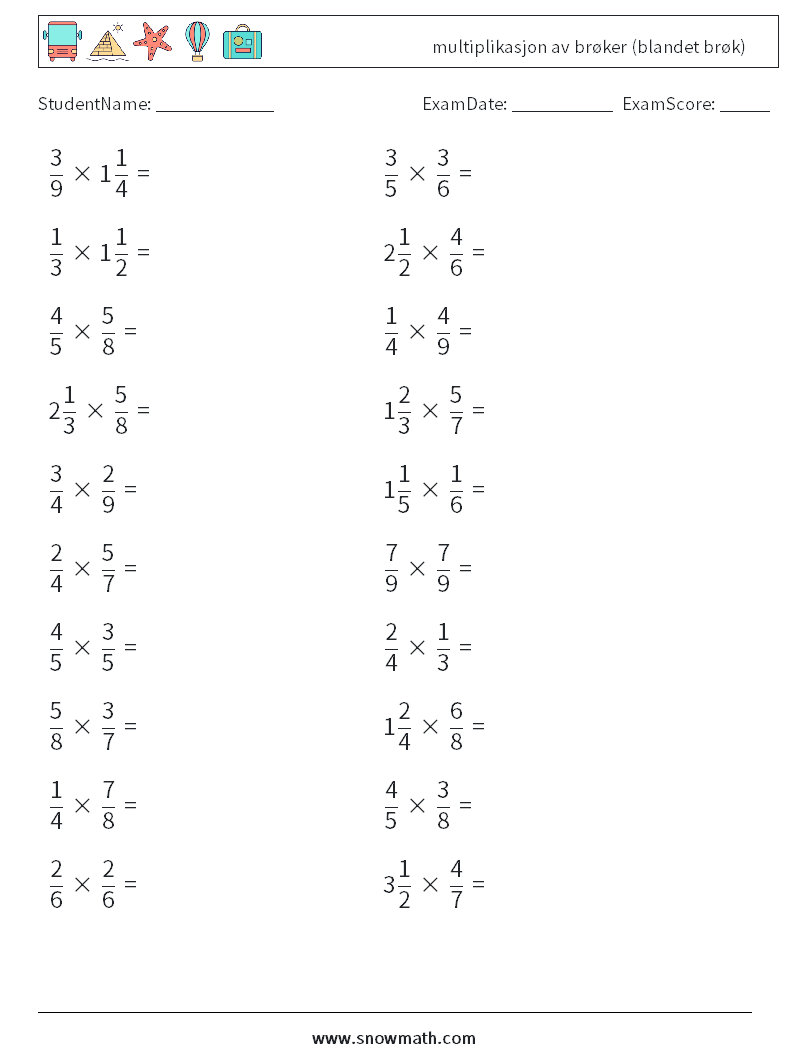 (20) multiplikasjon av brøker (blandet brøk) MathWorksheets 18