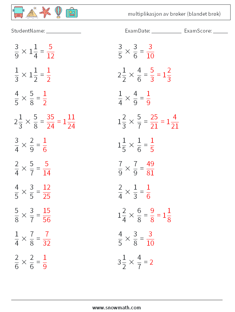 (20) multiplikasjon av brøker (blandet brøk) MathWorksheets 18 QuestionAnswer
