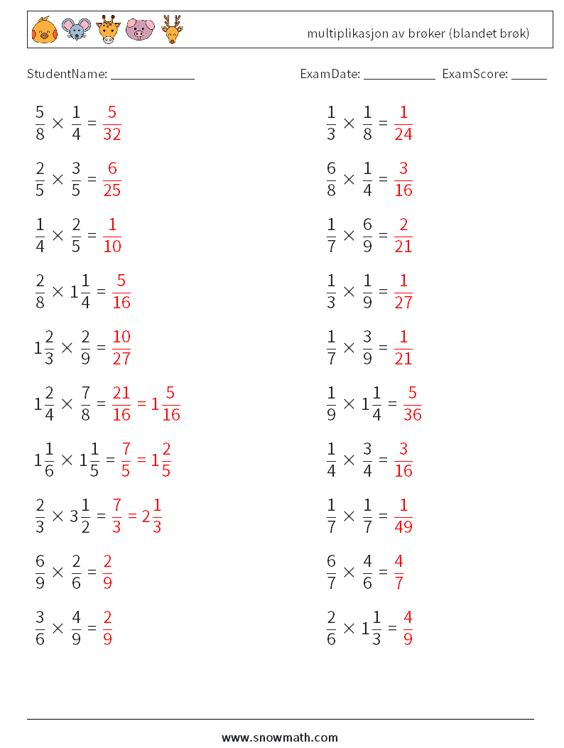 (20) multiplikasjon av brøker (blandet brøk) MathWorksheets 1 QuestionAnswer