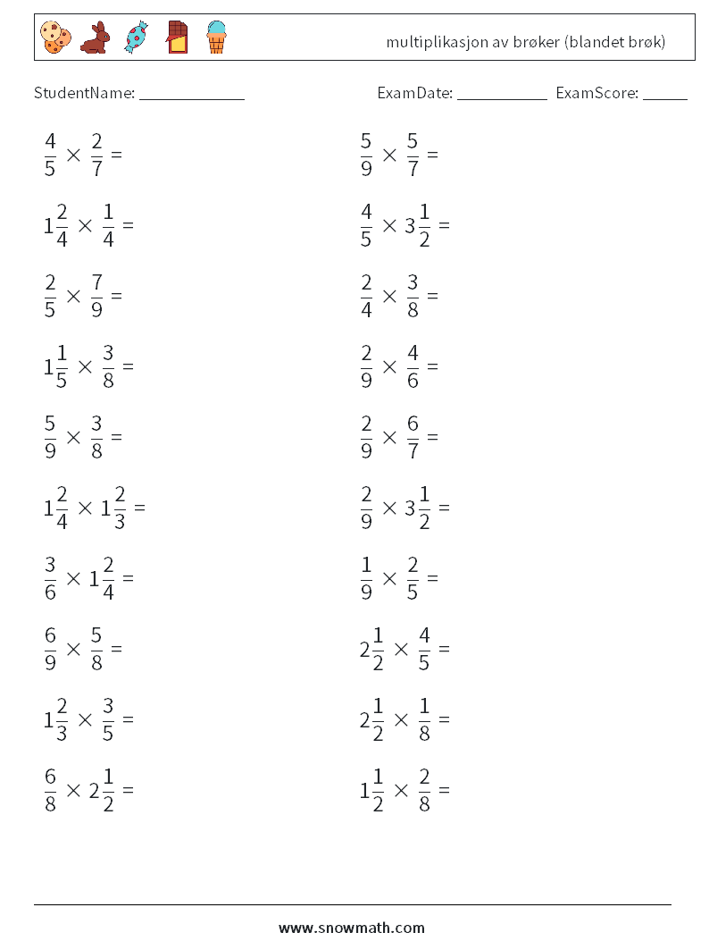 (20) multiplikasjon av brøker (blandet brøk) MathWorksheets 2