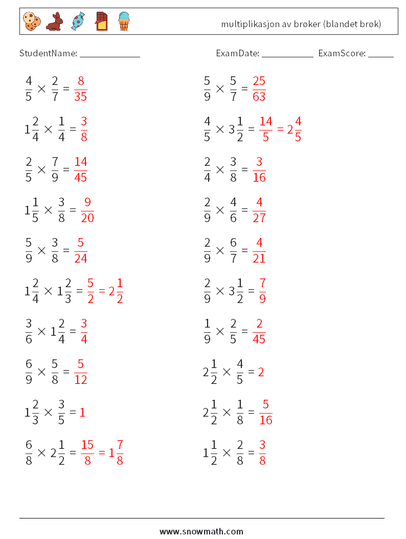 (20) multiplikasjon av brøker (blandet brøk) MathWorksheets 2 QuestionAnswer