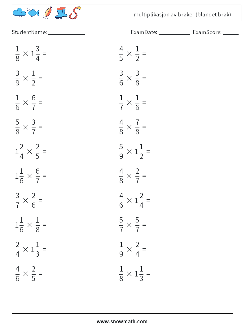 (20) multiplikasjon av brøker (blandet brøk) MathWorksheets 3