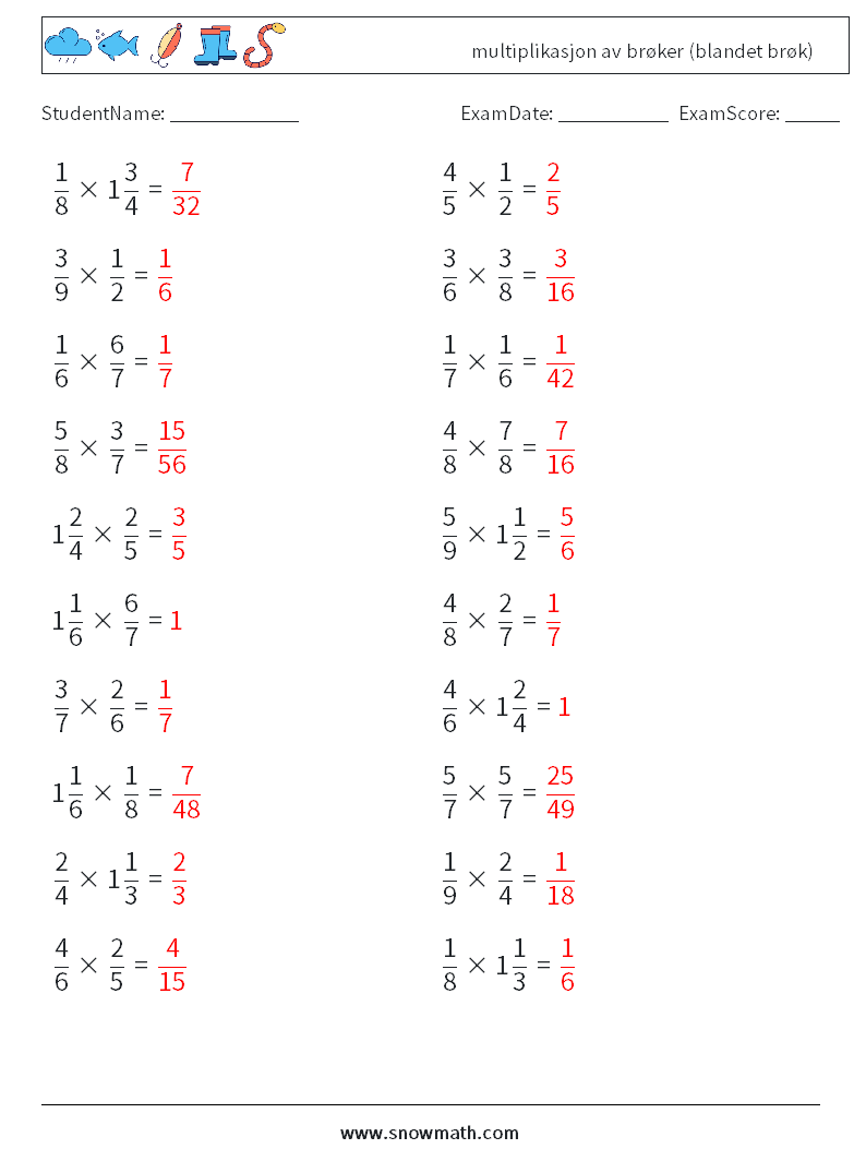 (20) multiplikasjon av brøker (blandet brøk) MathWorksheets 3 QuestionAnswer