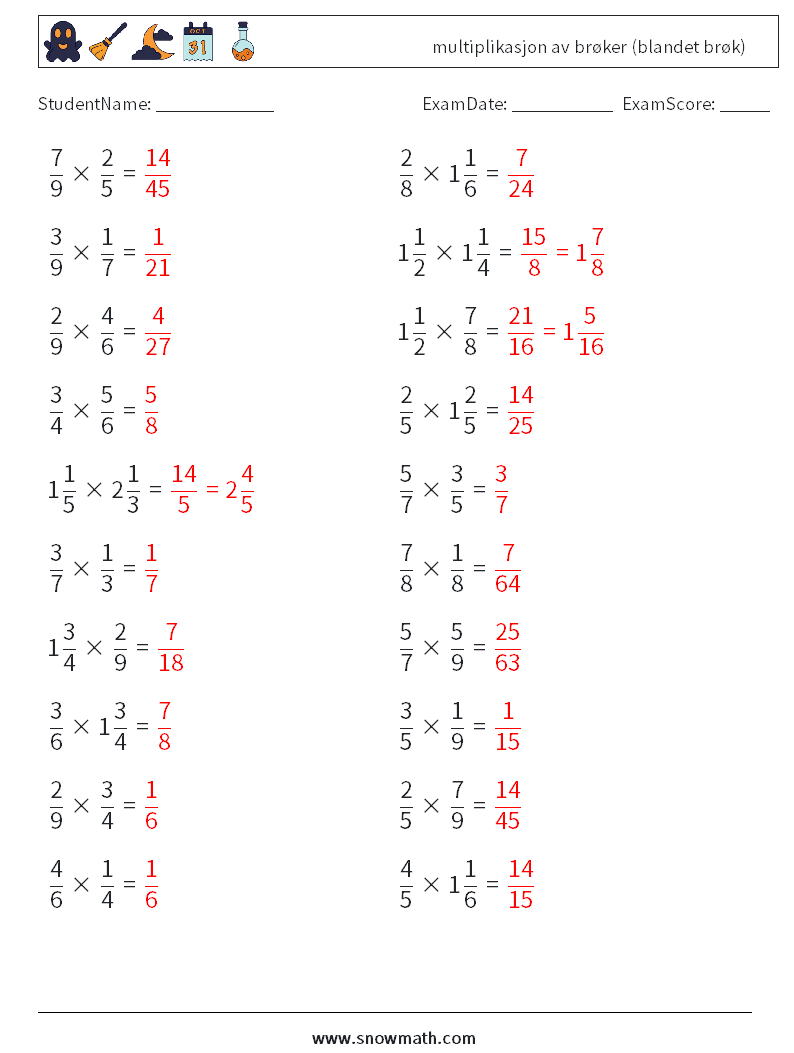 (20) multiplikasjon av brøker (blandet brøk) MathWorksheets 4 QuestionAnswer