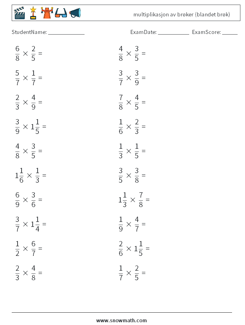 (20) multiplikasjon av brøker (blandet brøk) MathWorksheets 5