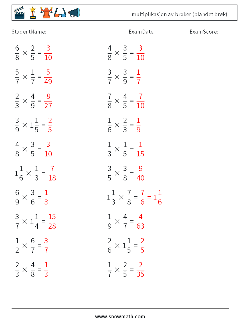 (20) multiplikasjon av brøker (blandet brøk) MathWorksheets 5 QuestionAnswer