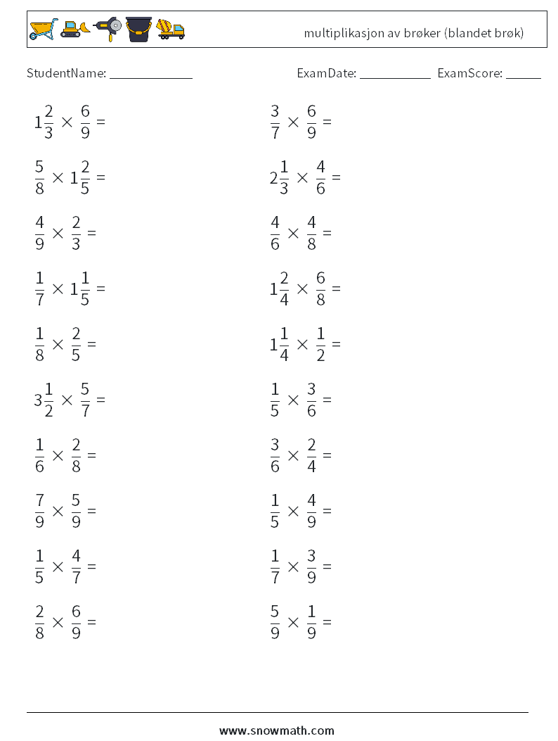 (20) multiplikasjon av brøker (blandet brøk) MathWorksheets 6