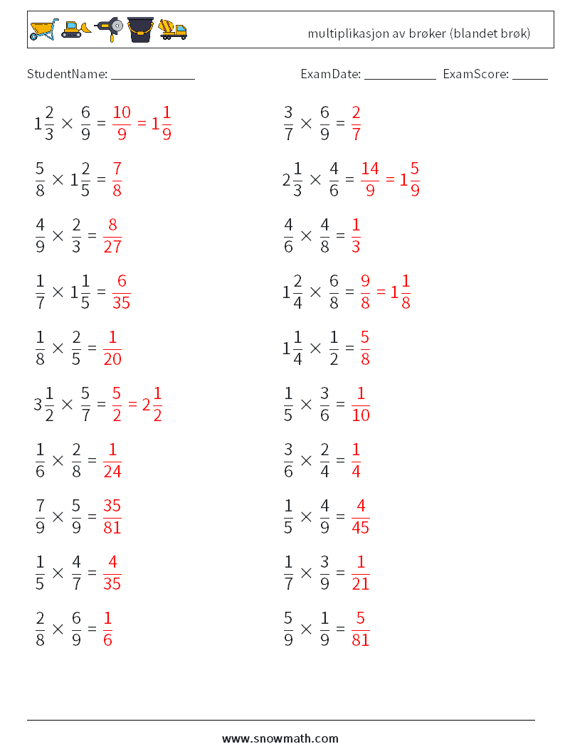 (20) multiplikasjon av brøker (blandet brøk) MathWorksheets 6 QuestionAnswer