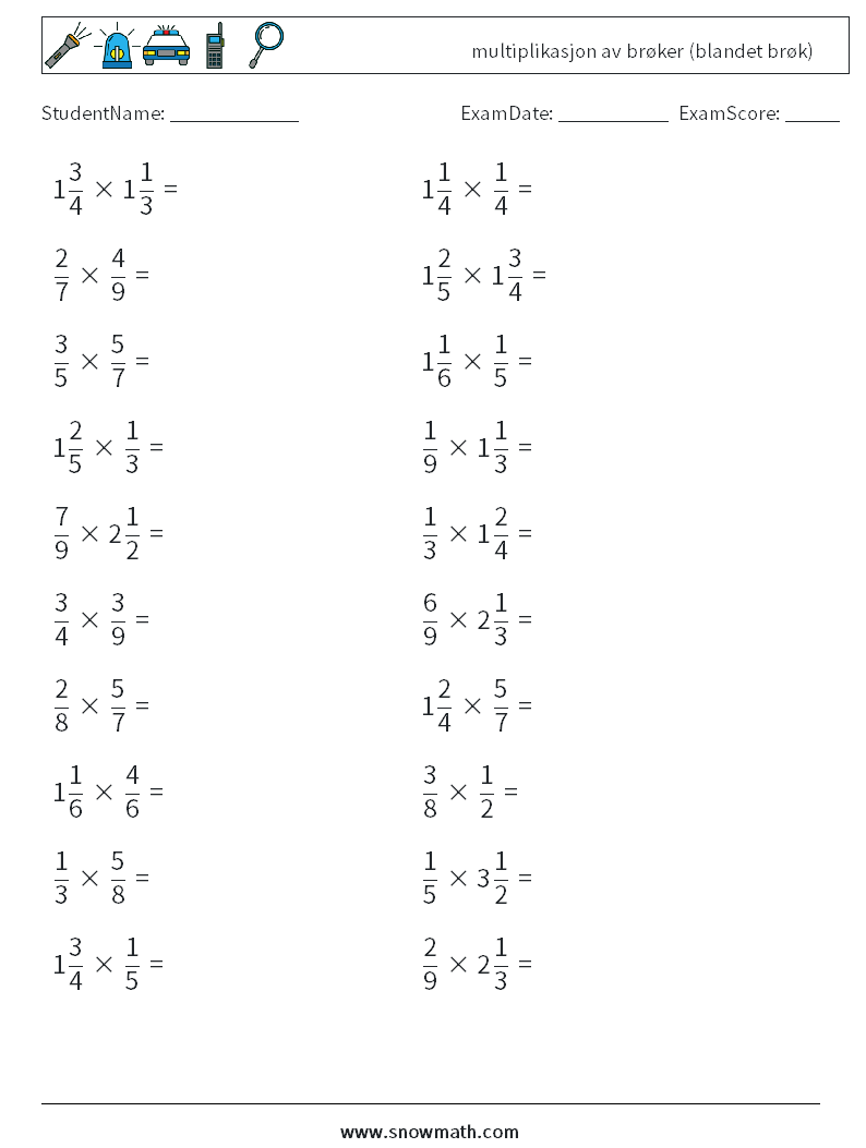 (20) multiplikasjon av brøker (blandet brøk) MathWorksheets 7
