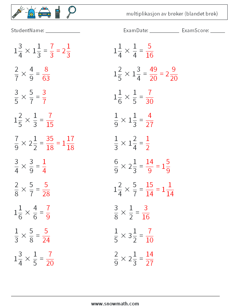 (20) multiplikasjon av brøker (blandet brøk) MathWorksheets 7 QuestionAnswer
