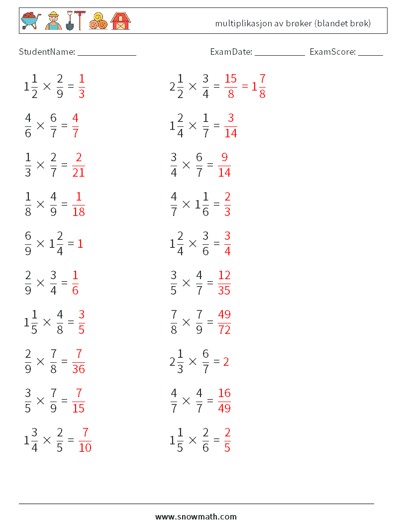 (20) multiplikasjon av brøker (blandet brøk) MathWorksheets 8 QuestionAnswer