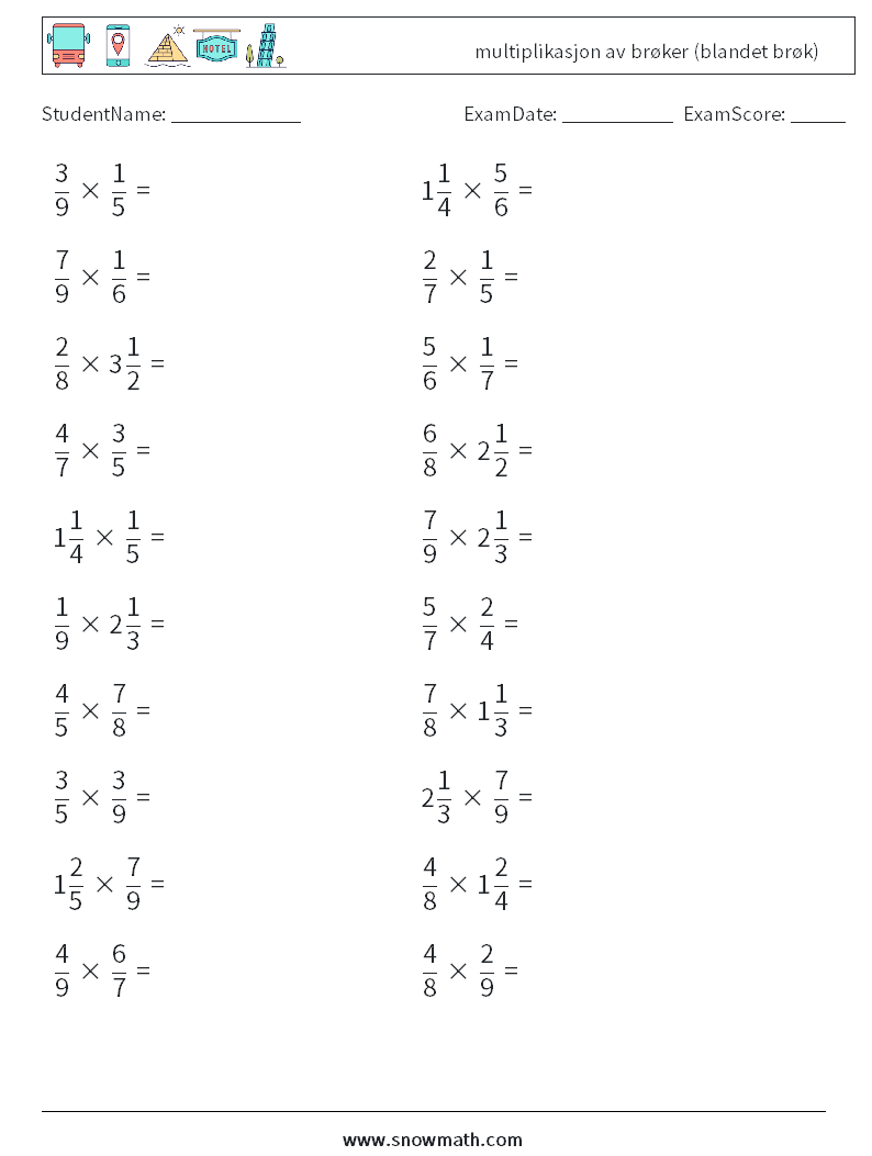 (20) multiplikasjon av brøker (blandet brøk) MathWorksheets 9